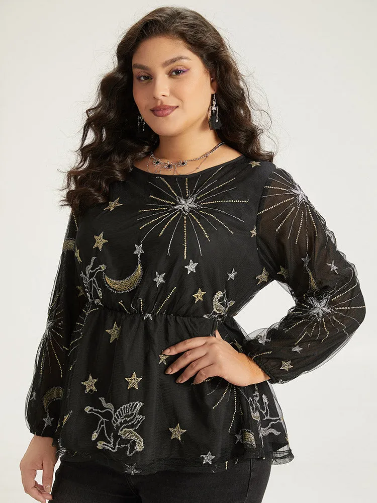 Halloween Star Elastic Waist Mesh Patchwork Lantern Sleeve Blouses sold by Bloomchic product image thumbnail 4