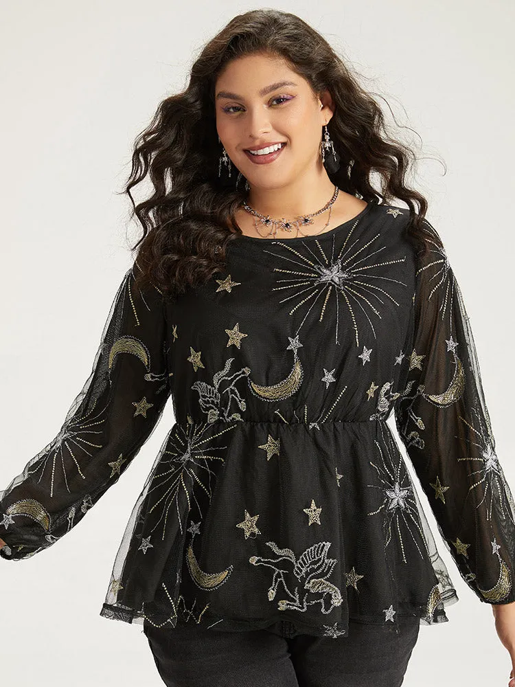 Halloween Star Elastic Waist Mesh Patchwork Lantern Sleeve Blouses sold by Bloomchic