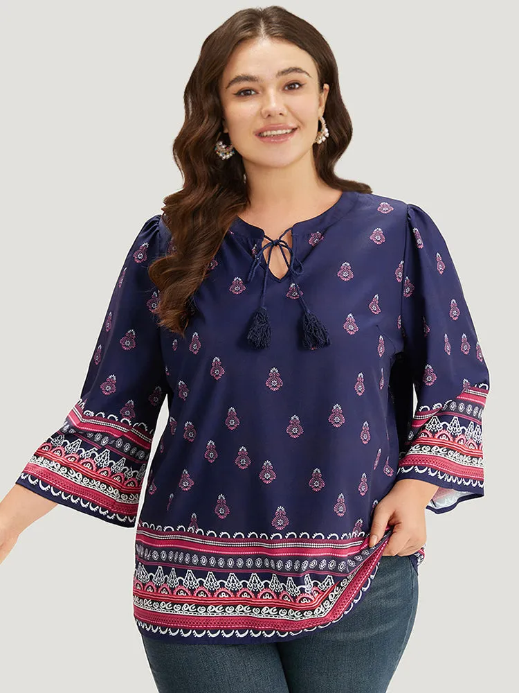 Boho Print Tie Neck Tassel Trim Blouse sold by Bloomchic product image thumbnail 4