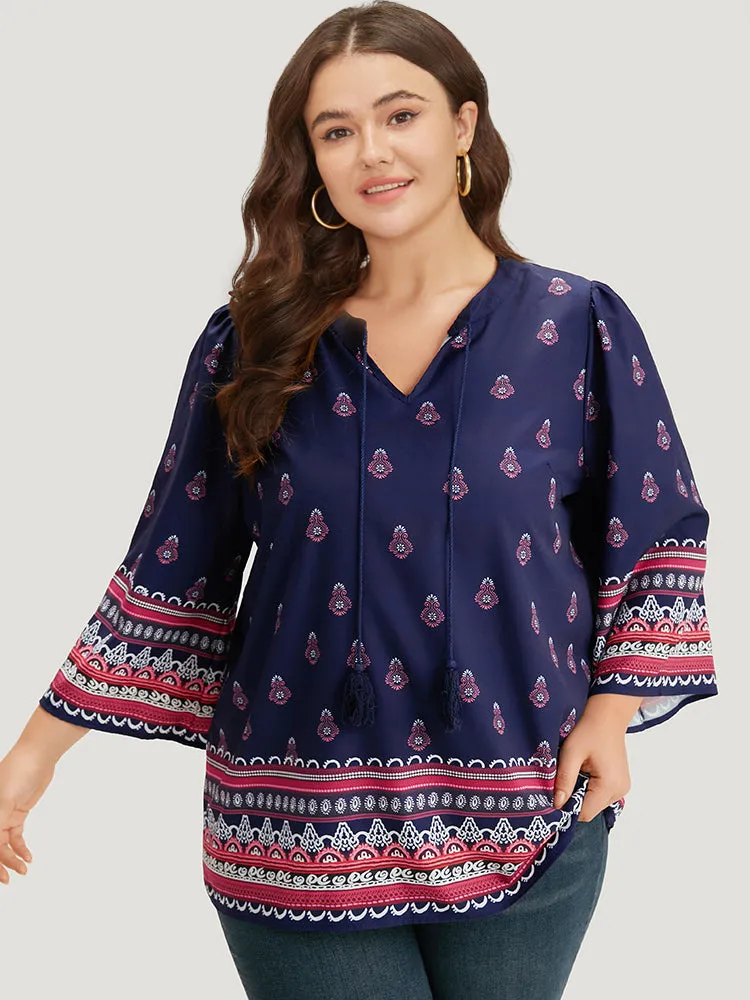 Boho Print Tie Neck Tassel Trim Blouse sold by Bloomchic