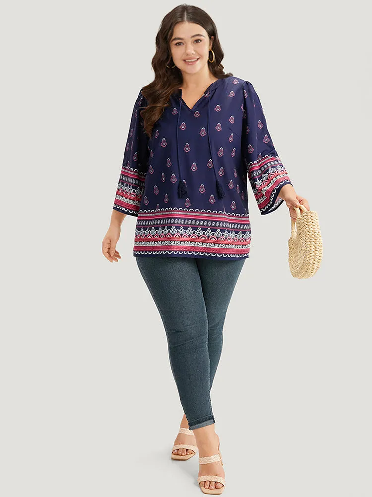 Boho Print Tie Neck Tassel Trim Blouse sold by Bloomchic product image thumbnail 5