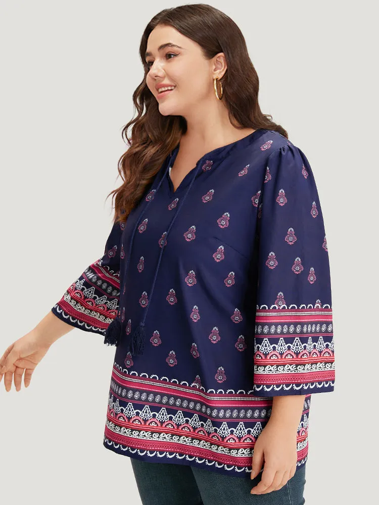 Boho Print Tie Neck Tassel Trim Blouse sold by Bloomchic product image thumbnail 2