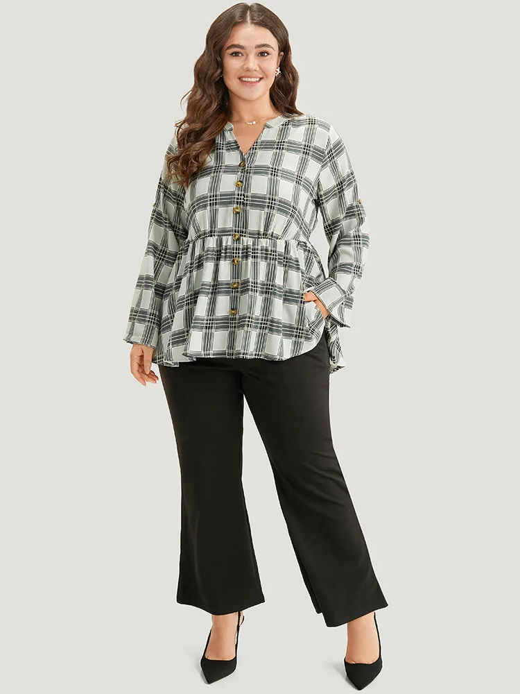 Plaid Notched Button Through Tab Sleeve Blouse sold by Bloomchic product image thumbnail 4