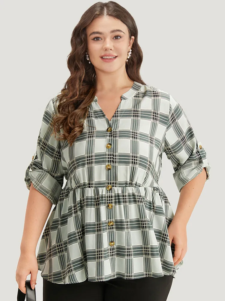 Plaid Notched Button Through Tab Sleeve Blouse sold by Bloomchic