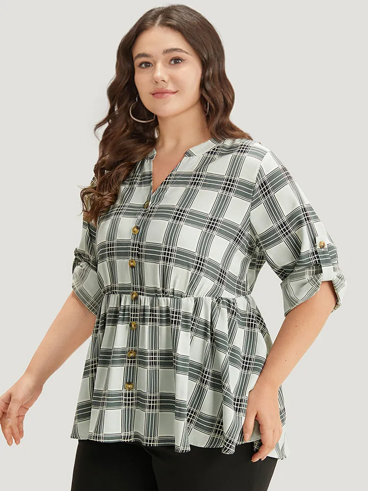 Plaid Notched Button Through Tab Sleeve Blouse sold by Bloomchic product image thumbnail 2