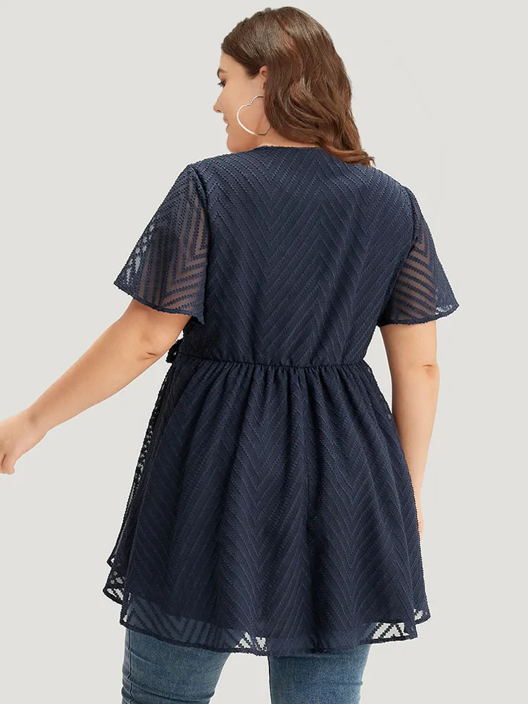 Plain Textured Belted Wrap Mesh Flutter Sleeve Blouse sold by Bloomchic product image thumbnail 5