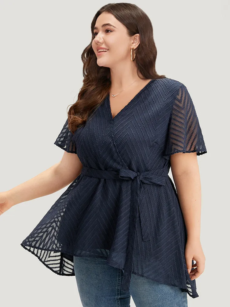 Plain Textured Belted Wrap Mesh Flutter Sleeve Blouse sold by Bloomchic product image thumbnail 2