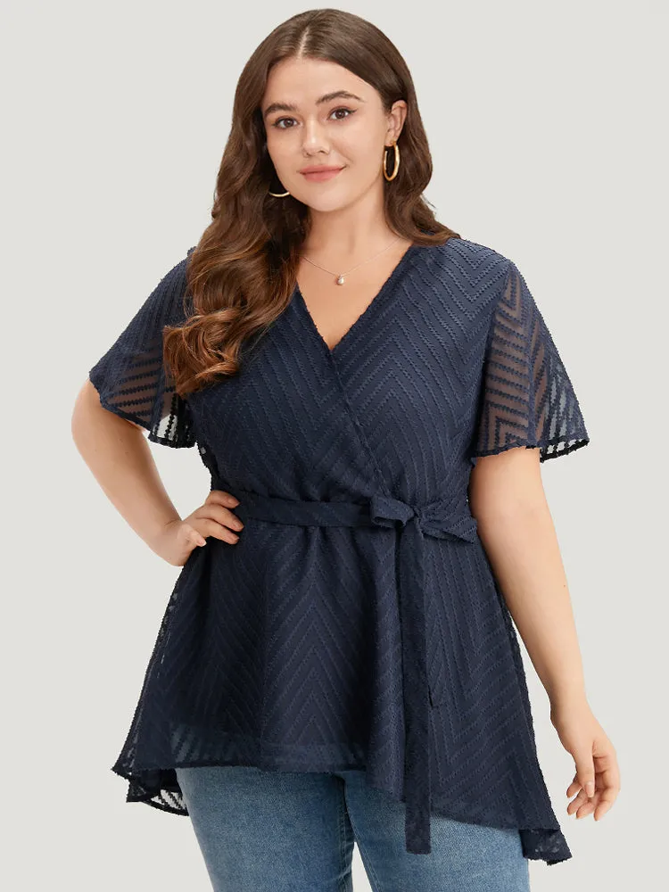 Plain Textured Belted Wrap Mesh Flutter Sleeve Blouse sold by Bloomchic product image thumbnail 3