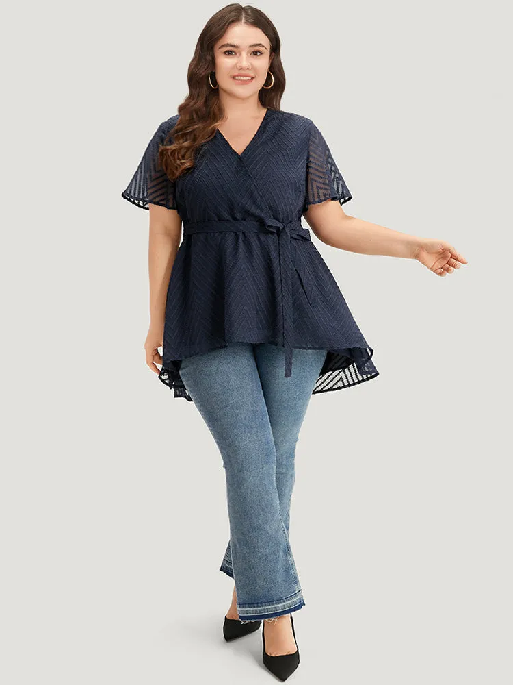 Plain Textured Belted Wrap Mesh Flutter Sleeve Blouse sold by Bloomchic product image thumbnail 4