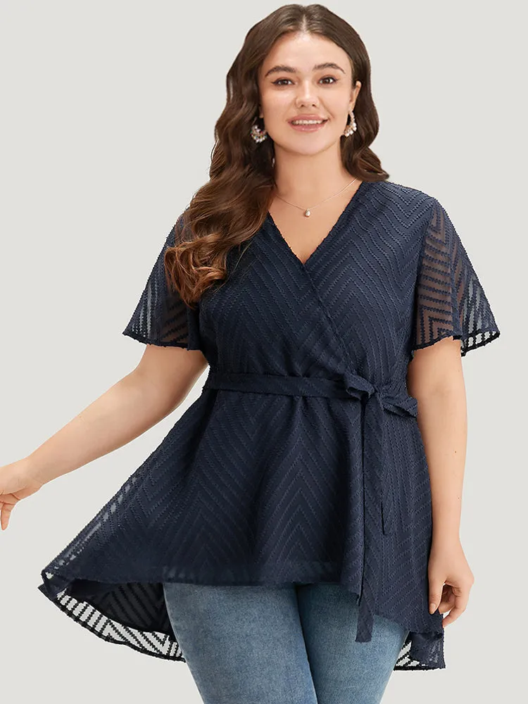 Plain Textured Belted Wrap Mesh Flutter Sleeve Blouse sold by Bloomchic