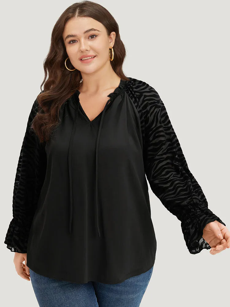 Halloween Zebra Print Tie Neck Frill Trim Patchwork Blouse sold by Bloomchic