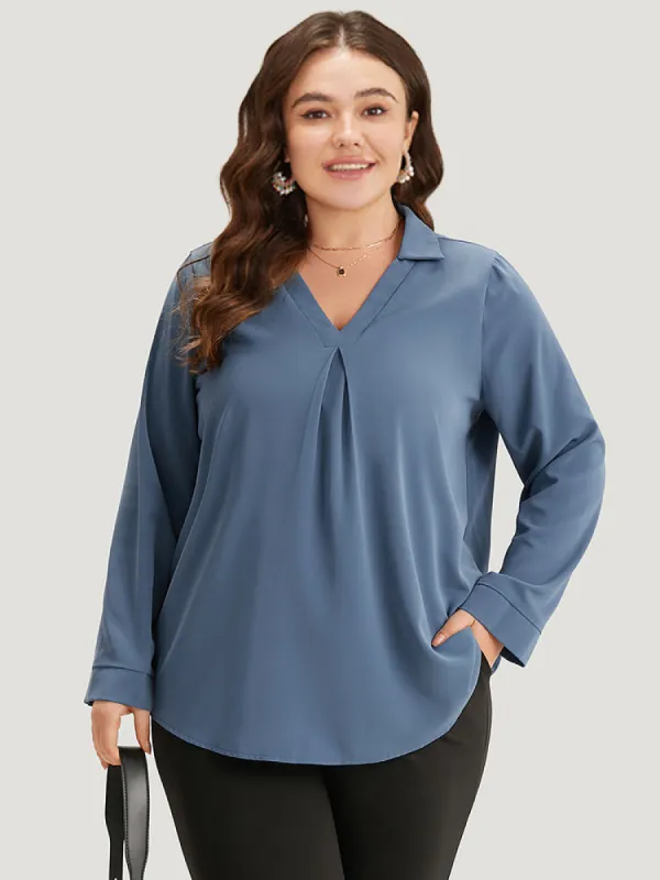 Anti-Wrinkle Plain V Neck Plicated Detail Blouse sold by Bloomchic