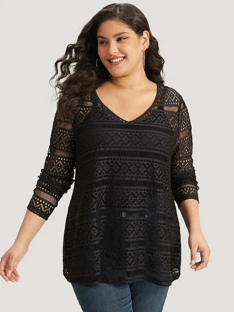 Halloween Plain Geometric Eyelet V Neck T-shirt sold by Bloomchic product image thumbnail 3