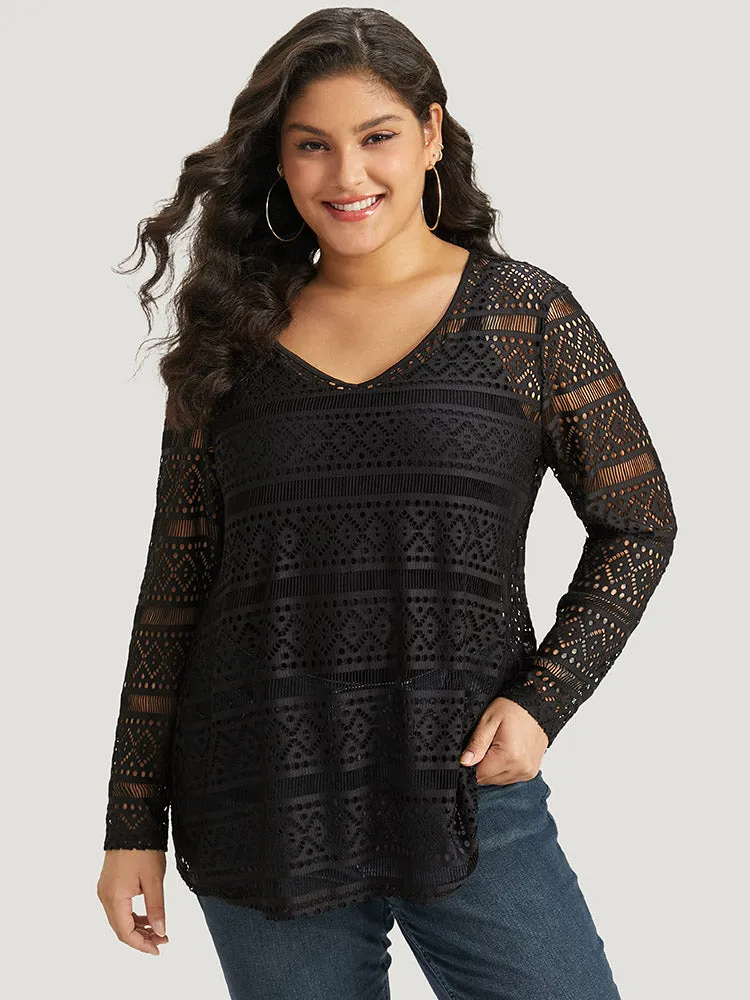 Halloween Plain Geometric Eyelet V Neck T-shirt sold by Bloomchic