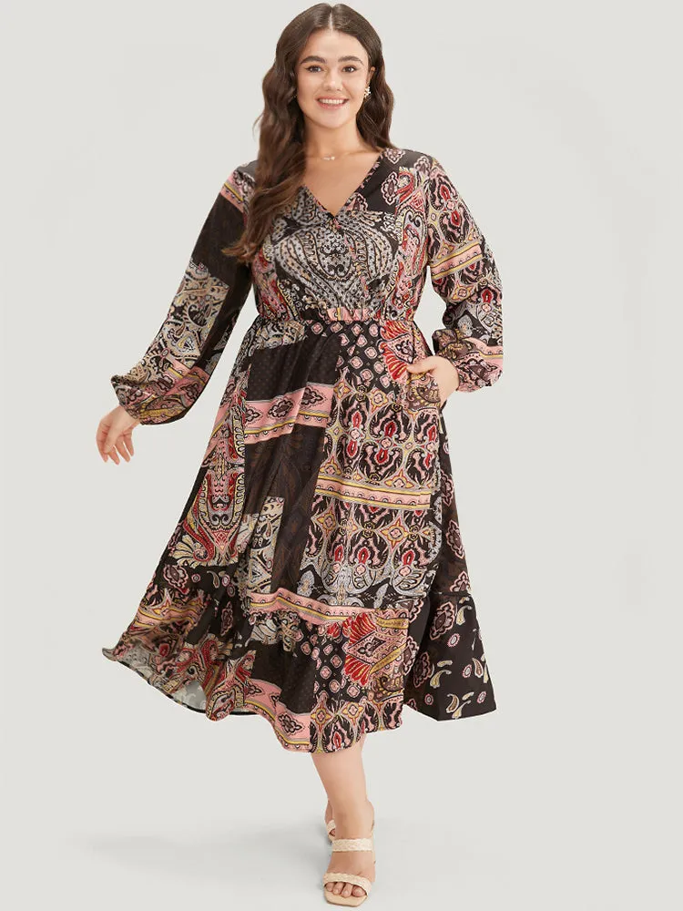 Bandana Print Wrap Pocket Lantern Sleeve Dress sold by Bloomchic product image thumbnail 4