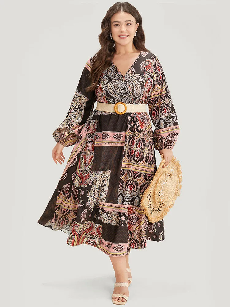 Bandana Print Wrap Pocket Lantern Sleeve Dress sold by Bloomchic