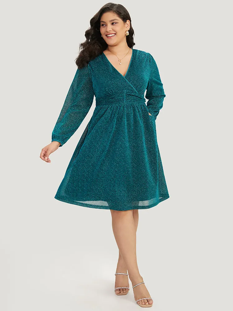 Glitter Overlap Collar Pocket Ruched Dress sold by Bloomchic product image thumbnail 4
