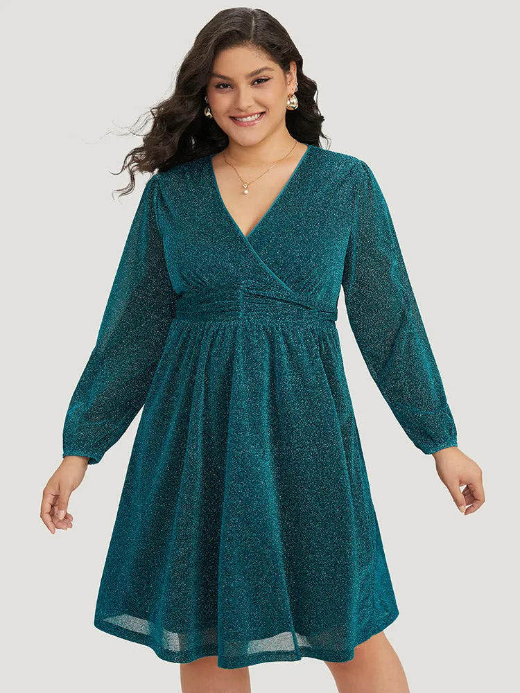 Glitter Overlap Collar Pocket Ruched Dress sold by Bloomchic