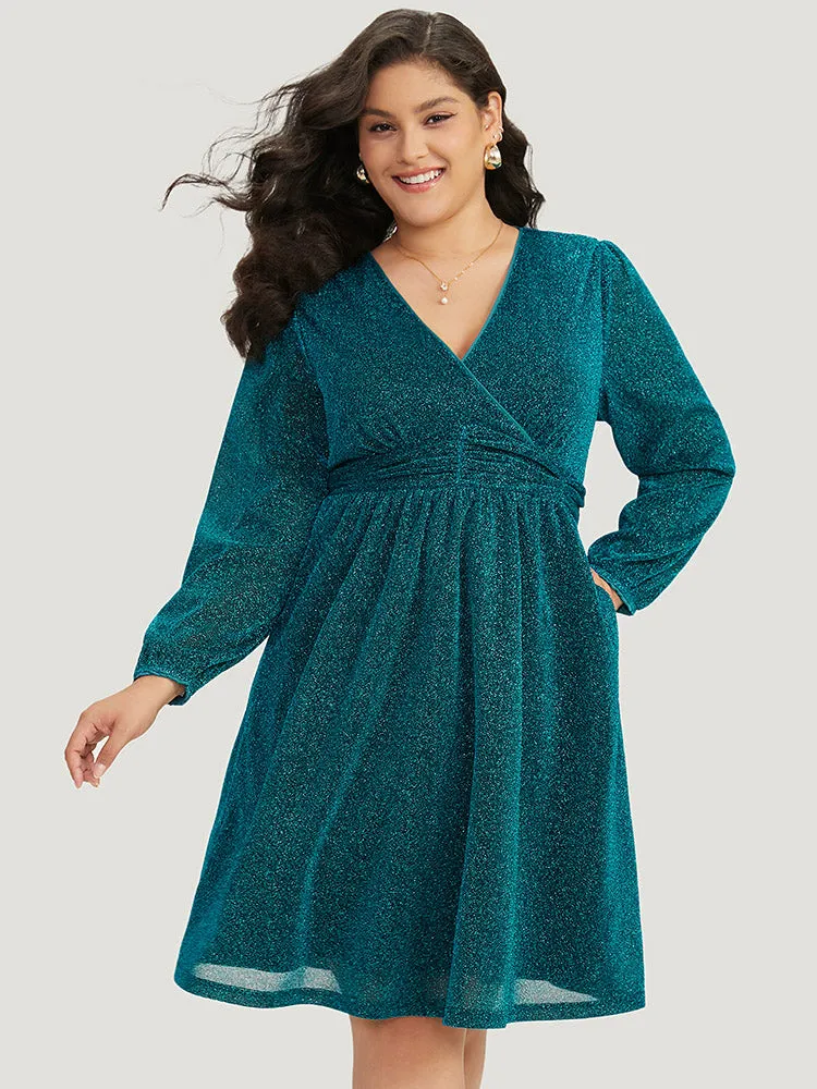 Glitter Overlap Collar Pocket Ruched Dress sold by Bloomchic product image thumbnail 5