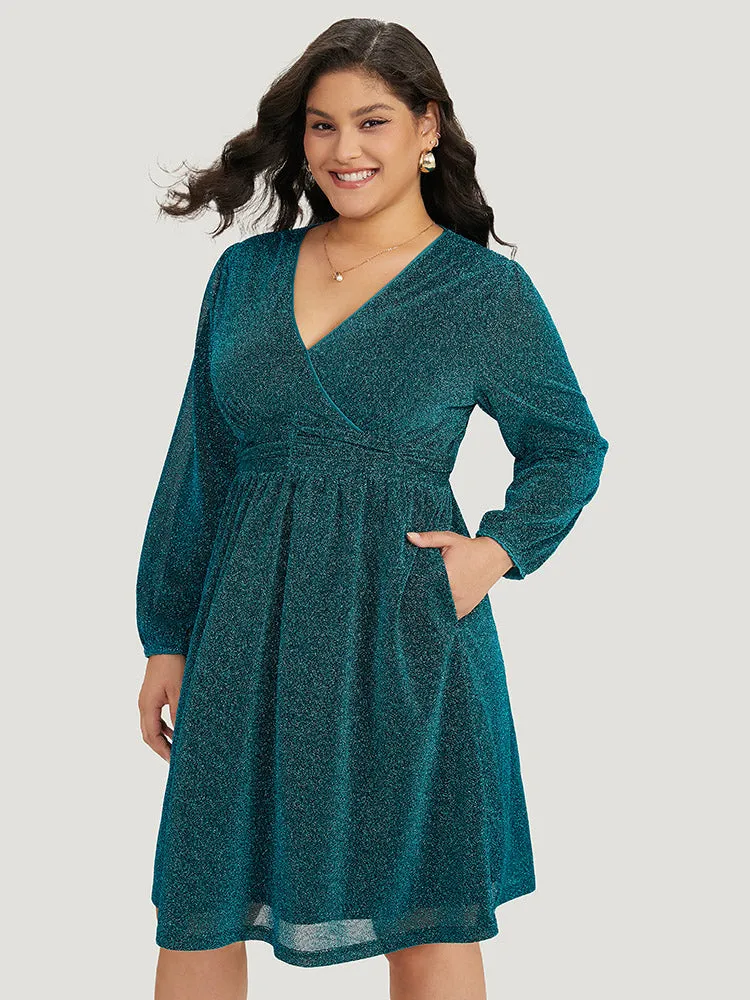 Glitter Overlap Collar Pocket Ruched Dress sold by Bloomchic product image thumbnail 2