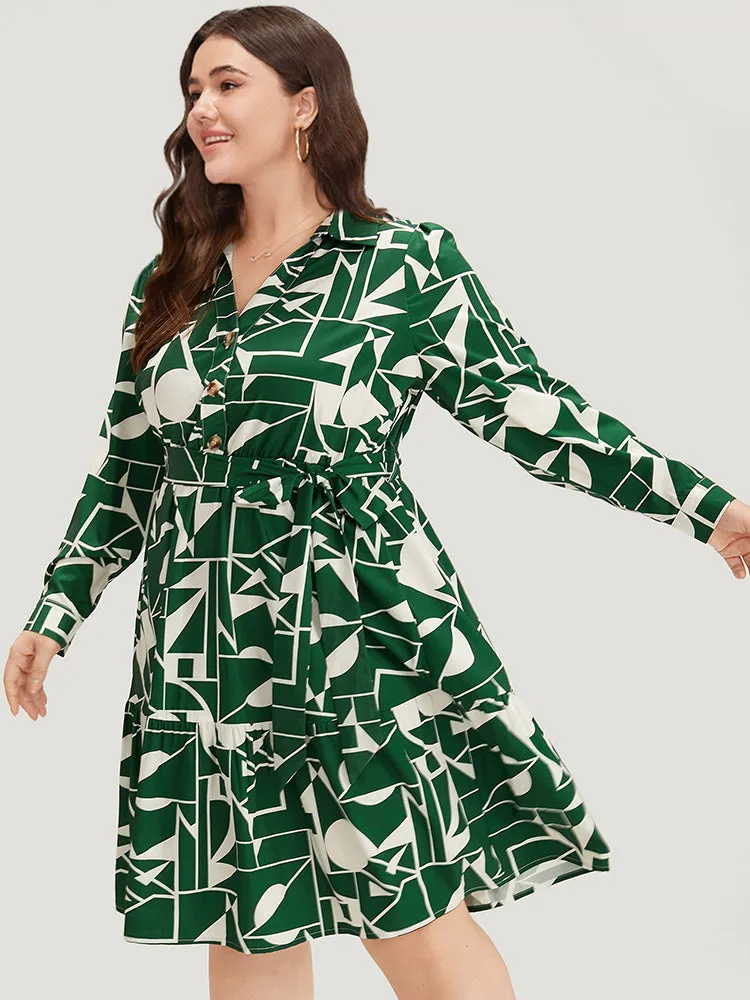 Geometric Shirt Collar Belted Pocket Flutter Dress sold by Bloomchic product image thumbnail 3