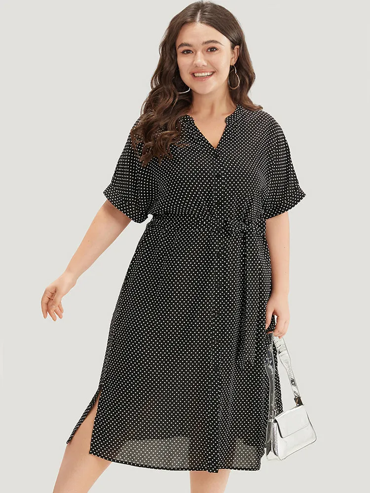 Polka Dot Notched Split Hem Button Through Roll Sleeve Dress sold by Bloomchic