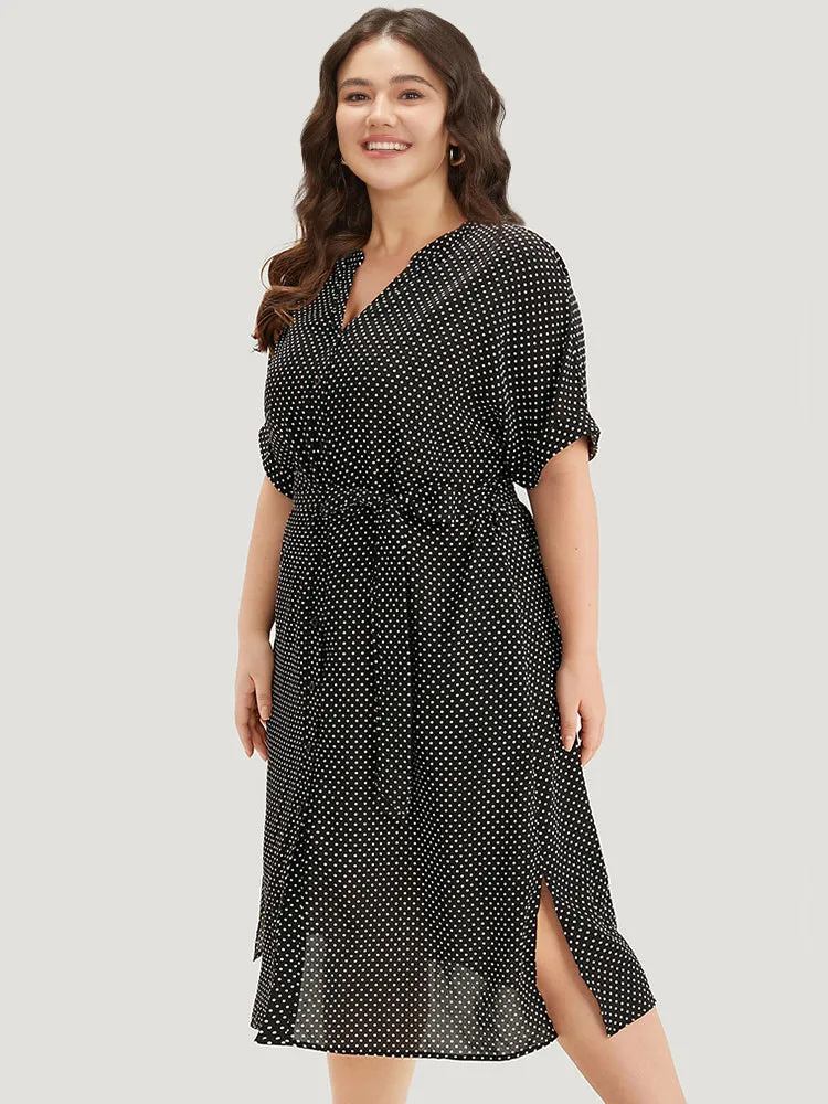 Polka Dot Notched Split Hem Button Through Roll Sleeve Dress sold by Bloomchic product image thumbnail 3