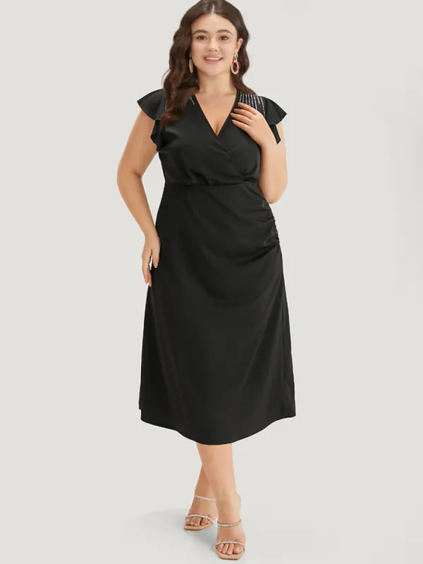 Sequin Surplice Neck Ruffle Trim Zipper Dress sold by Bloomchic