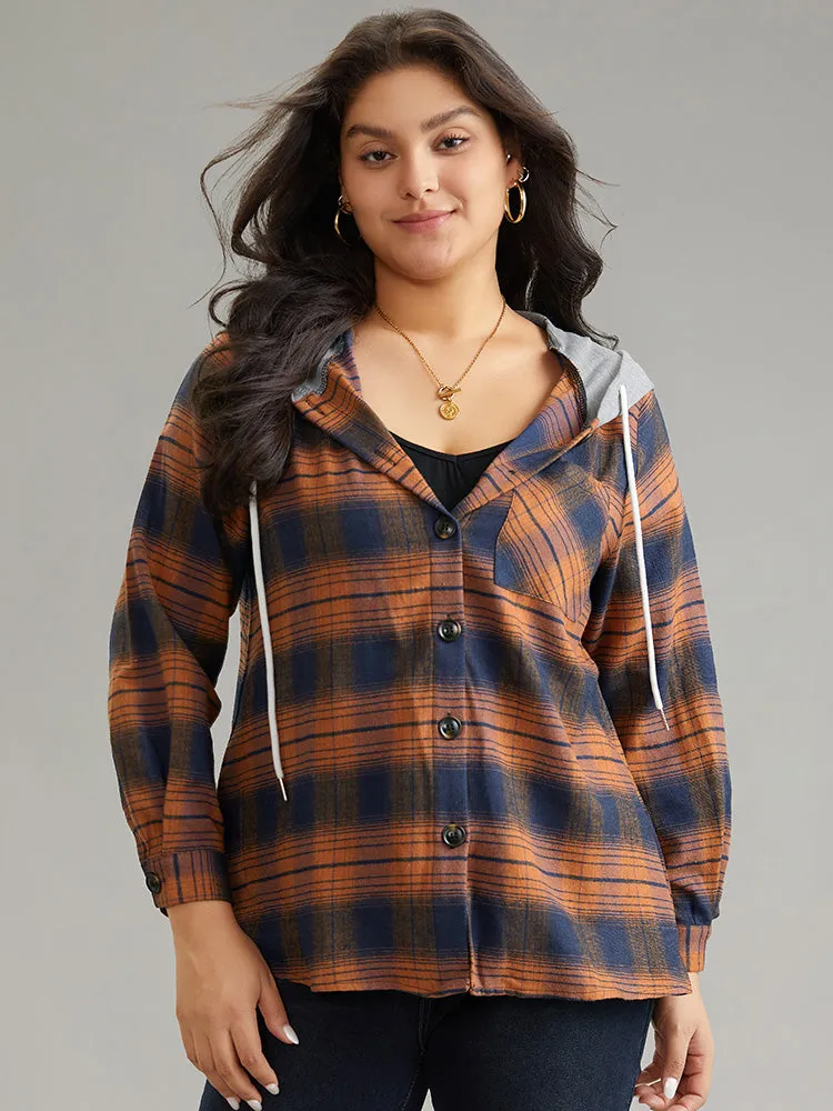Plaid Patchwork Hooded Drawstring Button Through Jacket sold by Bloomchic