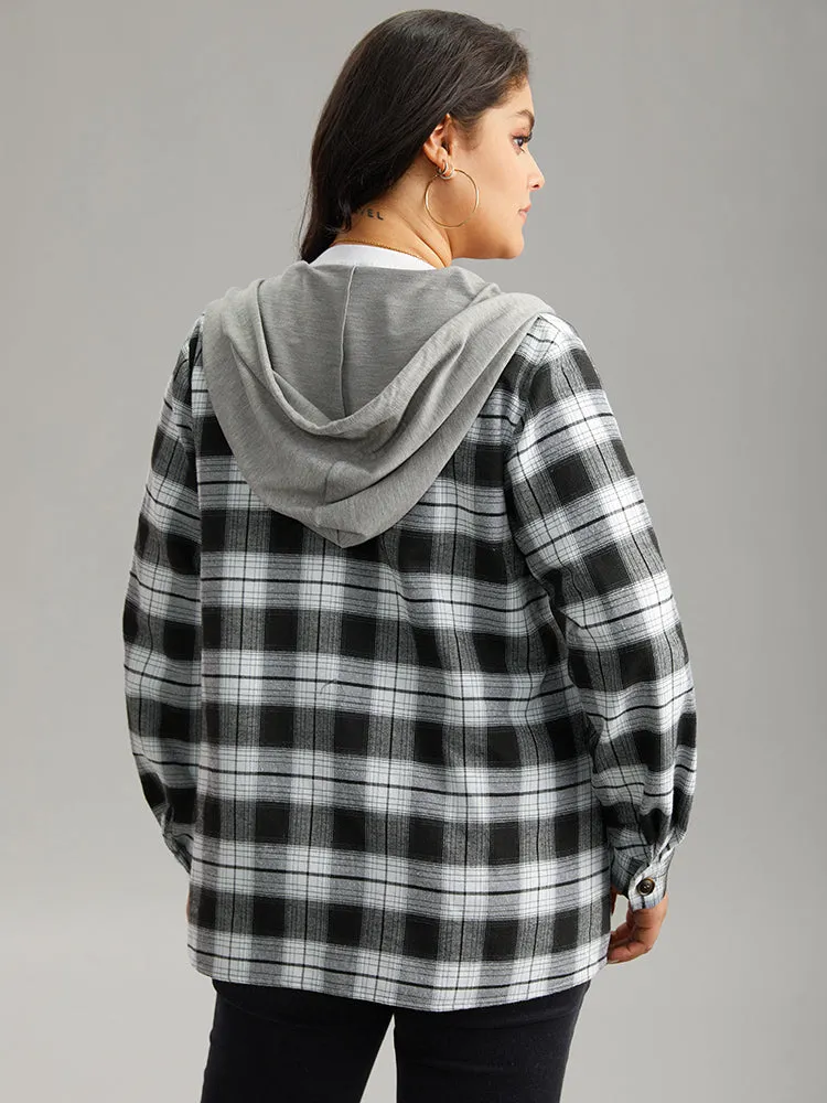 Plaid Patchwork Hooded Drawstring Button Through Jacket sold by Bloomchic product image thumbnail 5
