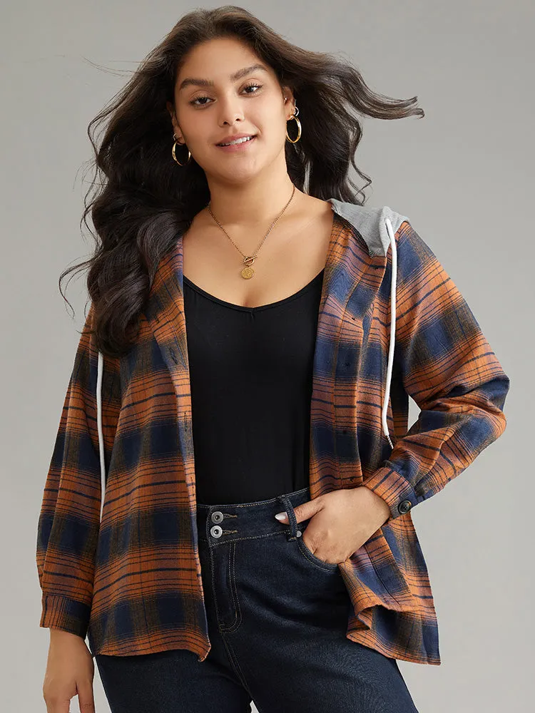 Plaid Patchwork Hooded Drawstring Button Through Jacket sold by Bloomchic product image thumbnail 3