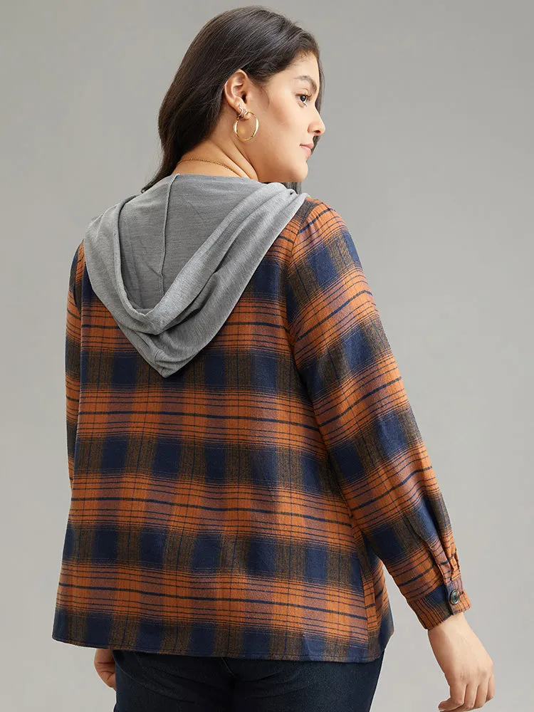 Plaid Patchwork Hooded Drawstring Button Through Jacket sold by Bloomchic product image thumbnail 2