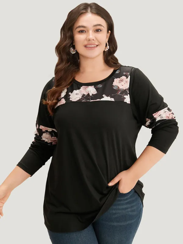 Floral Print Patchwork Round Neck T-shirt sold by Bloomchic