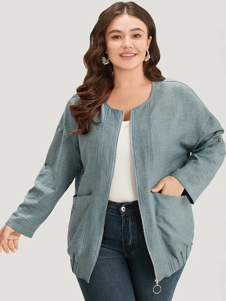 Plain Pocket Zipper Tab Sleeve Jacket sold by Bloomchic