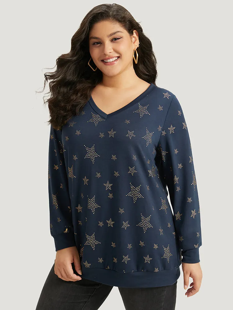 Star Glitter Print V Neck Elastic Cuffs Sweatshirt sold by Bloomchic product image thumbnail 4