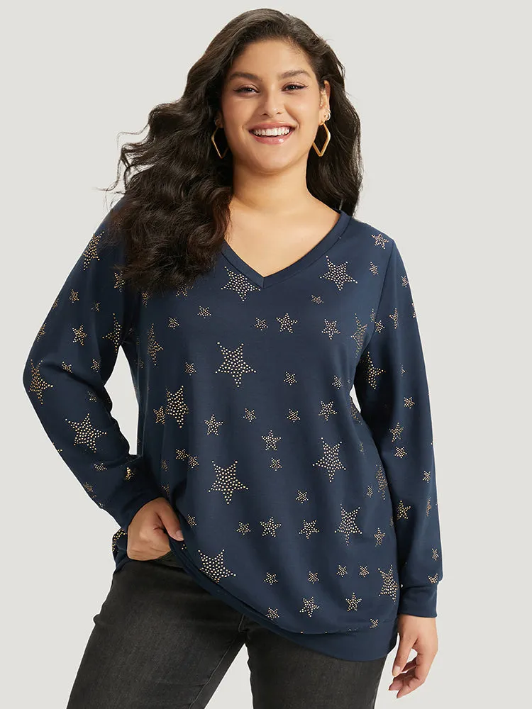 Star Glitter Print V Neck Elastic Cuffs Sweatshirt sold by Bloomchic