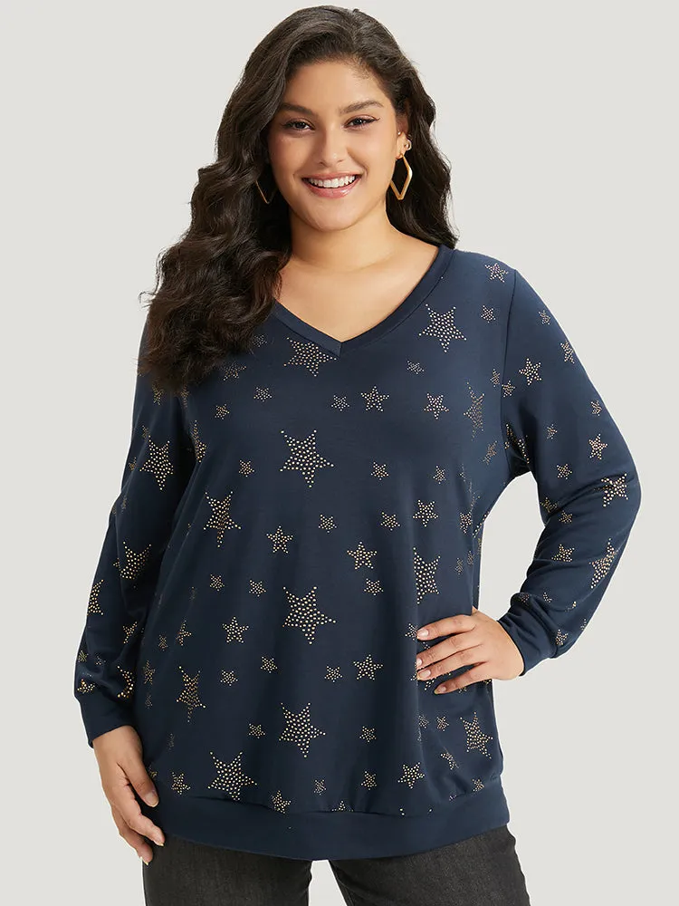 Star Glitter Print V Neck Elastic Cuffs Sweatshirt sold by Bloomchic product image thumbnail 5