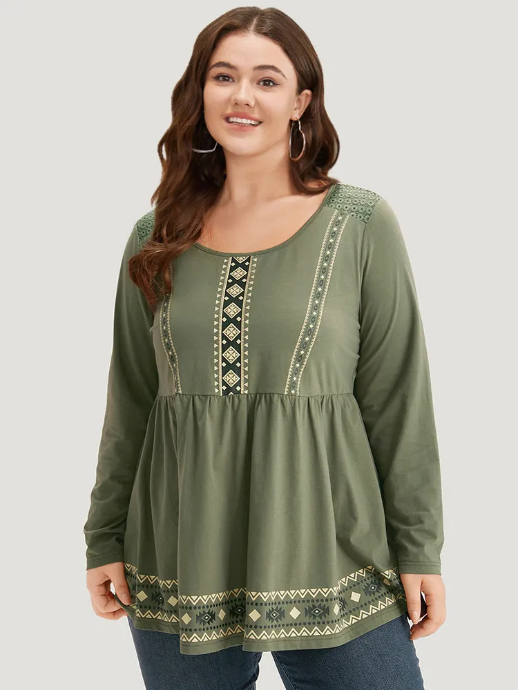 Boho Print Broderie Anglaise Gathered Crew Neck T-shirt sold by Bloomchic product image thumbnail 5