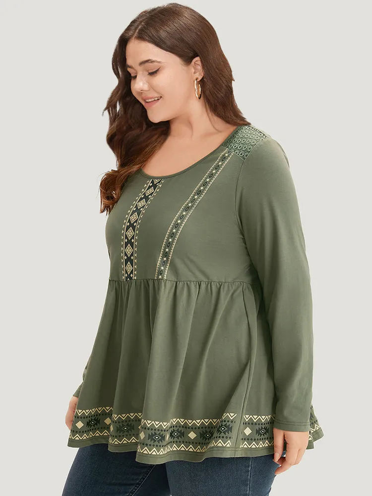 Boho Print Broderie Anglaise Gathered Crew Neck T-shirt sold by Bloomchic product image thumbnail 4