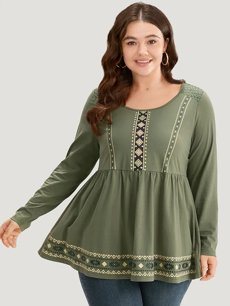 Boho Print Broderie Anglaise Gathered Crew Neck T-shirt sold by Bloomchic