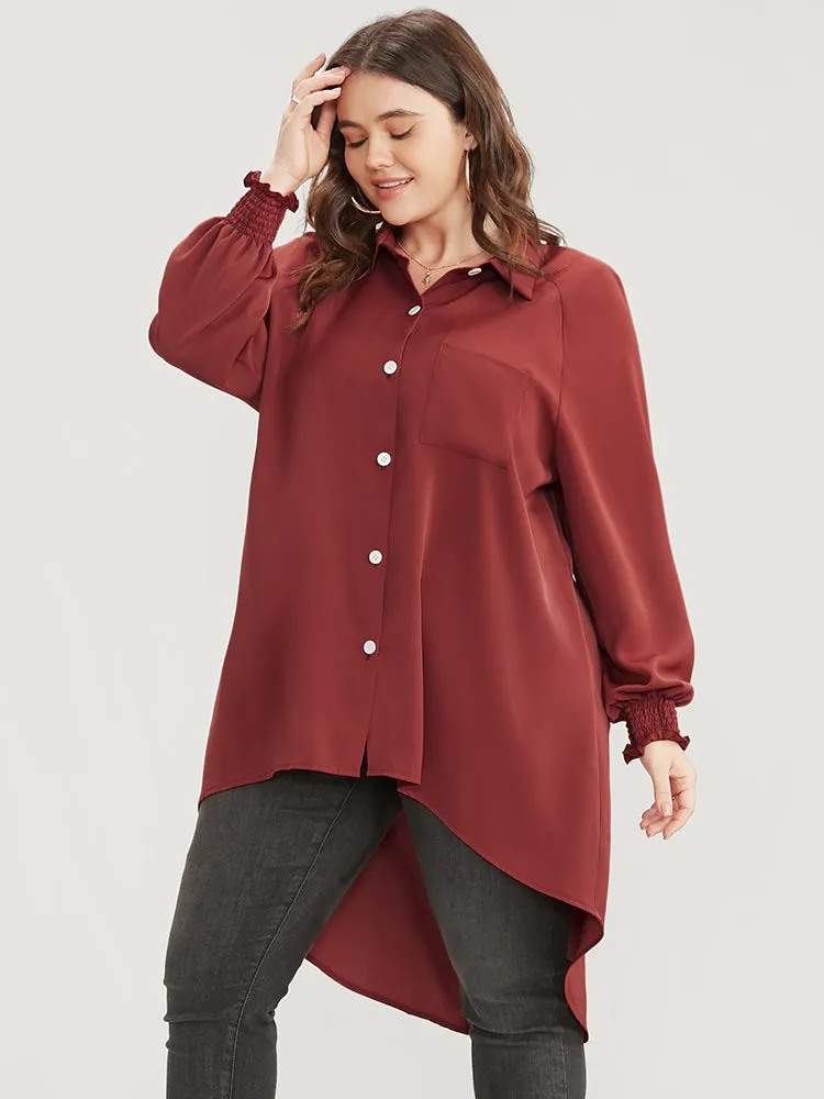 Solid Shirred Pocket Button Up High Low Hem Blouse sold by Bloomchic product image thumbnail 3