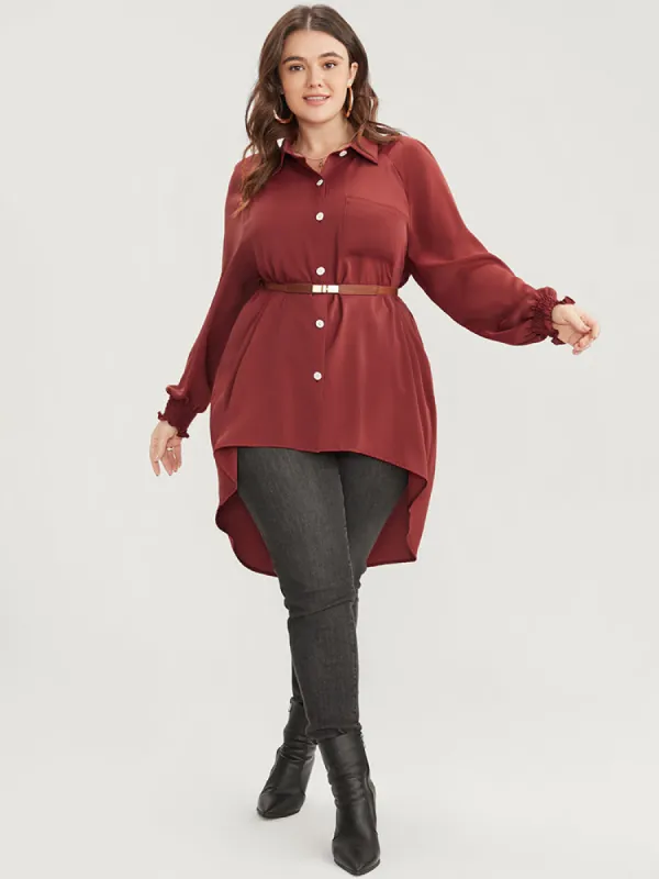 Solid Shirred Pocket Button Up High Low Hem Blouse sold by Bloomchic