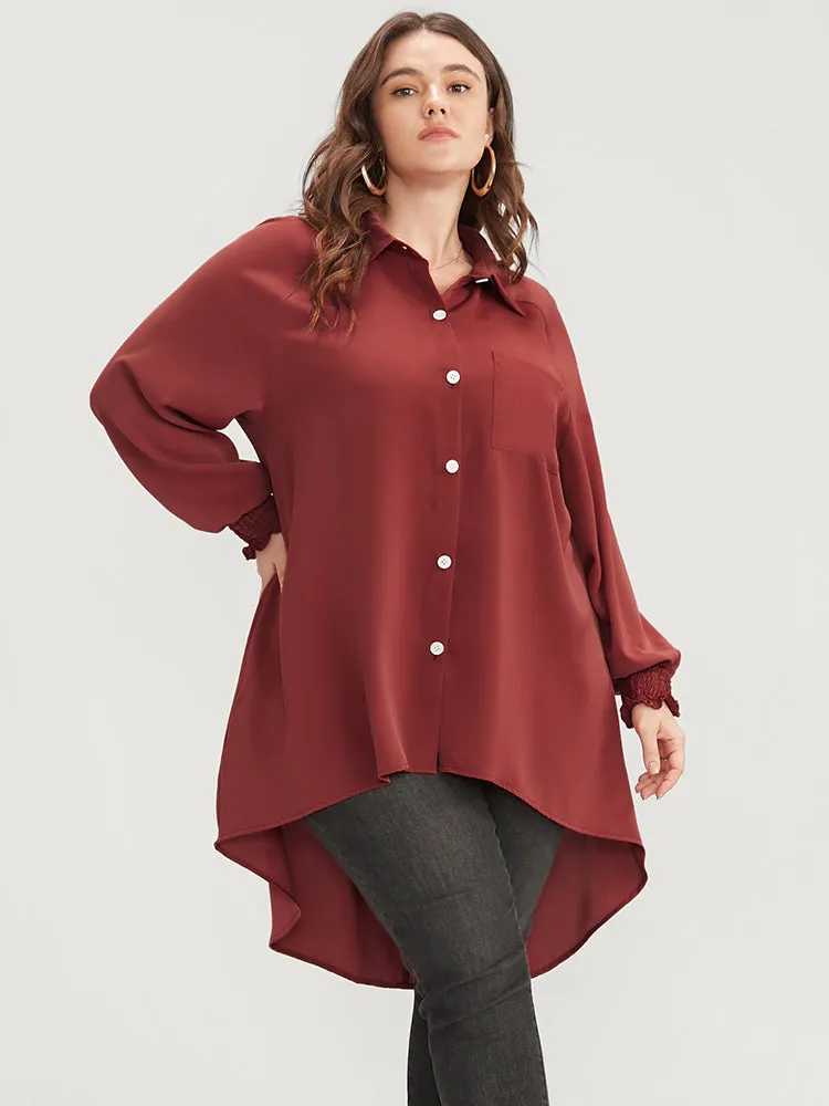 Solid Shirred Pocket Button Up High Low Hem Blouse sold by Bloomchic product image thumbnail 2