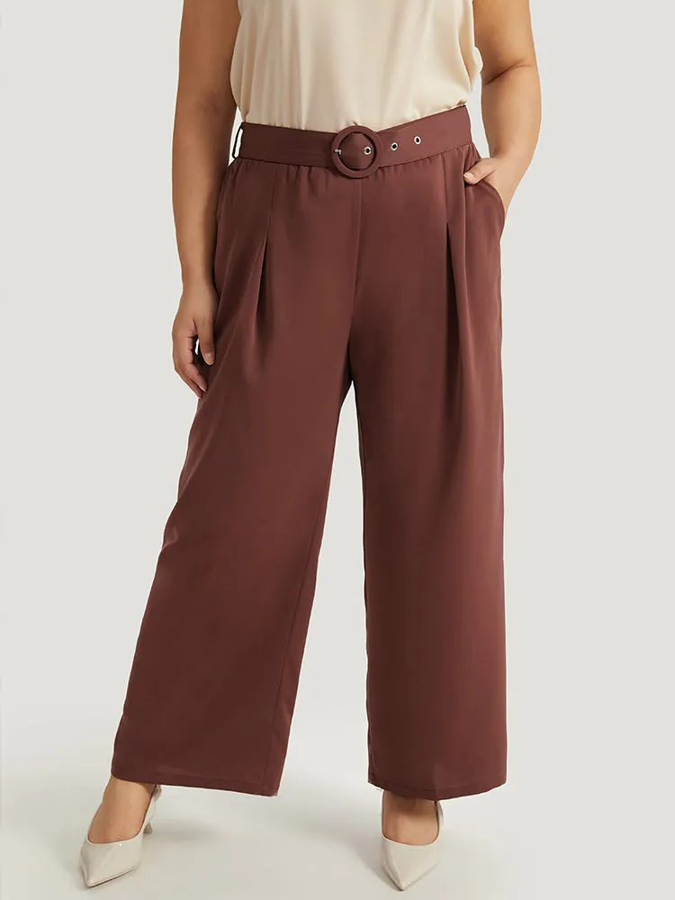 Anti-Wrinkle Belted Buckle Detail Woven Pants sold by Bloomchic