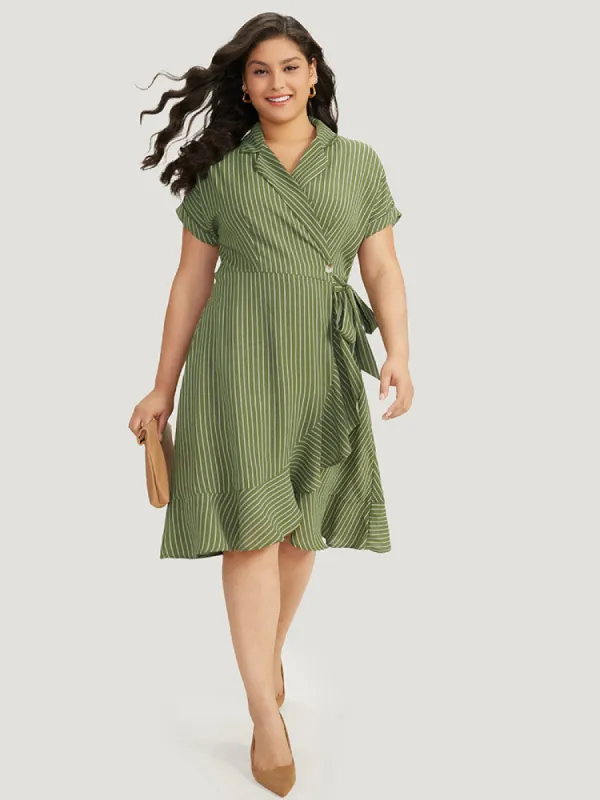 Suit Collar Ruffles Pocket Button Up Ties Batwing Sleeve Dress sold by Bloomchic
