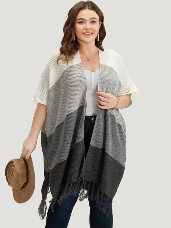 Colorblock Fringe Trim Batwing Sleeve Split Side Cardigan sold by Bloomchic