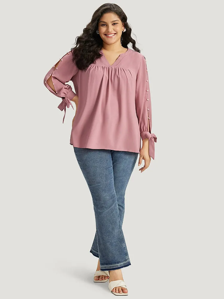 Plain Pleated Ties Beaded Notched Blouse sold by Bloomchic product image thumbnail 5