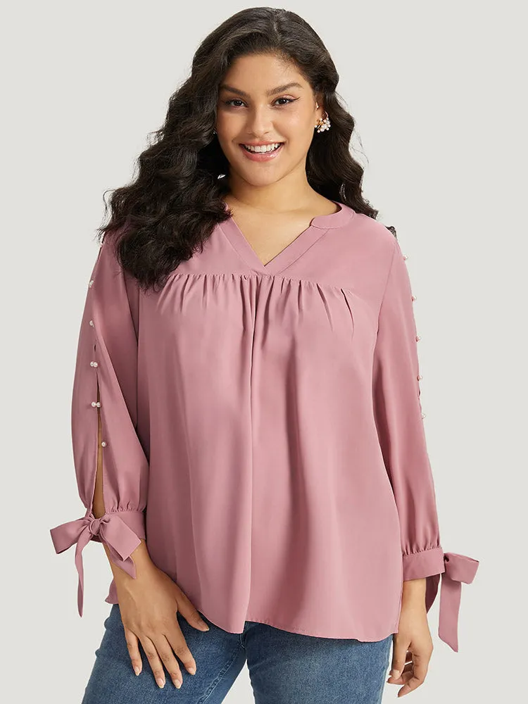 Plain Pleated Ties Beaded Notched Blouse sold by Bloomchic product image thumbnail 4