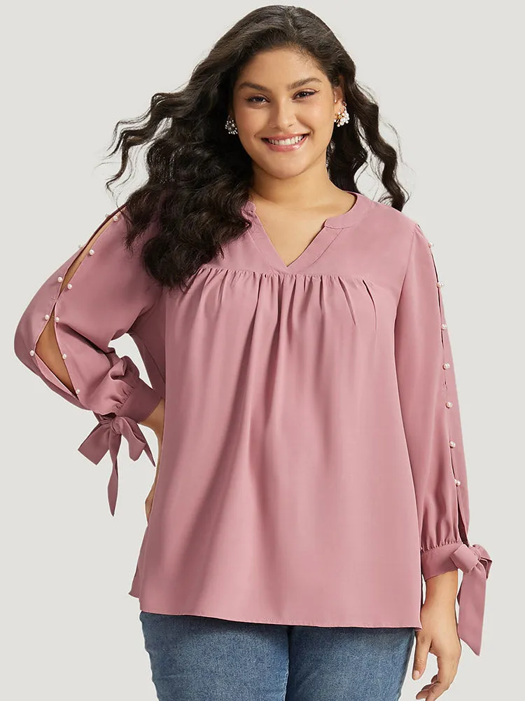 Plain Pleated Ties Beaded Notched Blouse sold by Bloomchic product image thumbnail 3