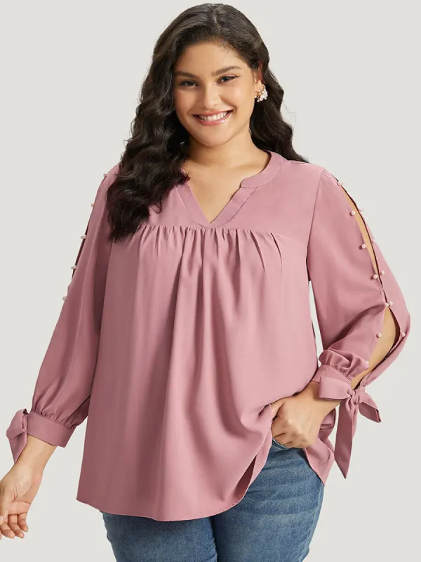 Plain Pleated Ties Beaded Notched Blouse sold by Bloomchic